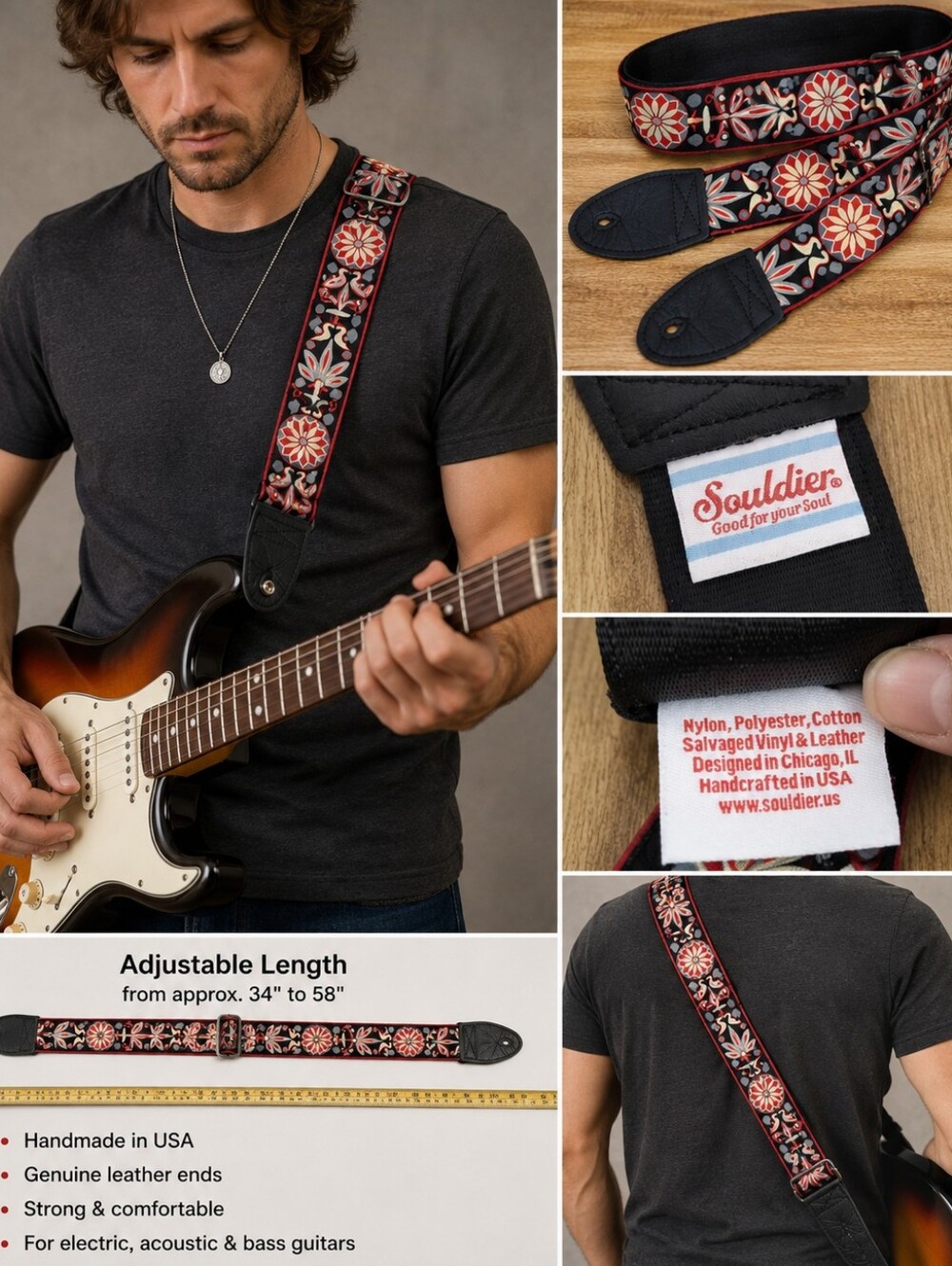 Souldier Daisy Guitar Strap – Black Gray Red Gold – Handmade USA – Rare Retired